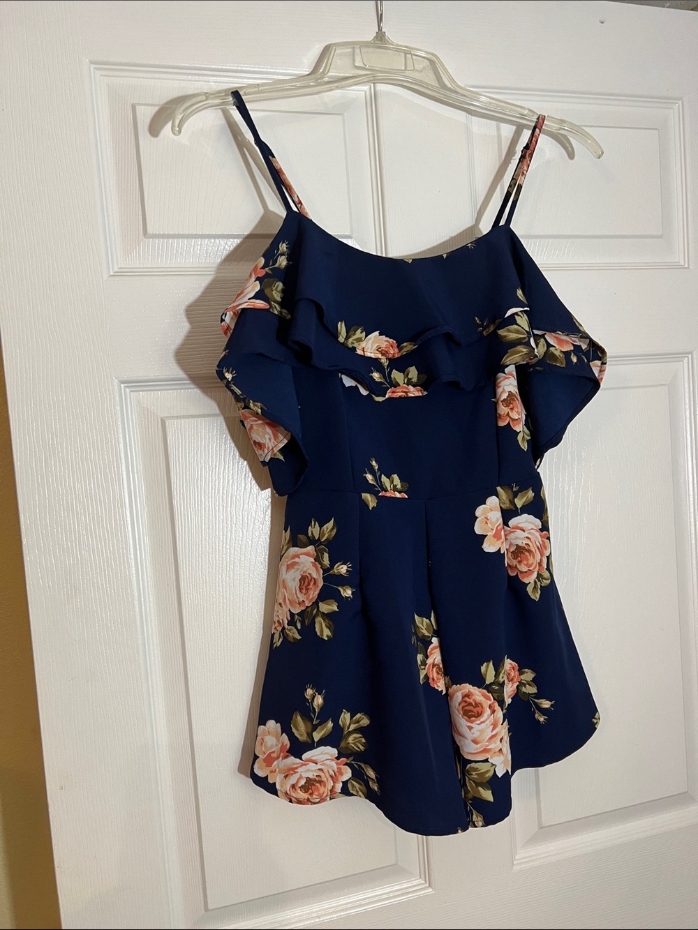 Navy Floral cold Shoulder Ruffle Women’s short jumpsuit